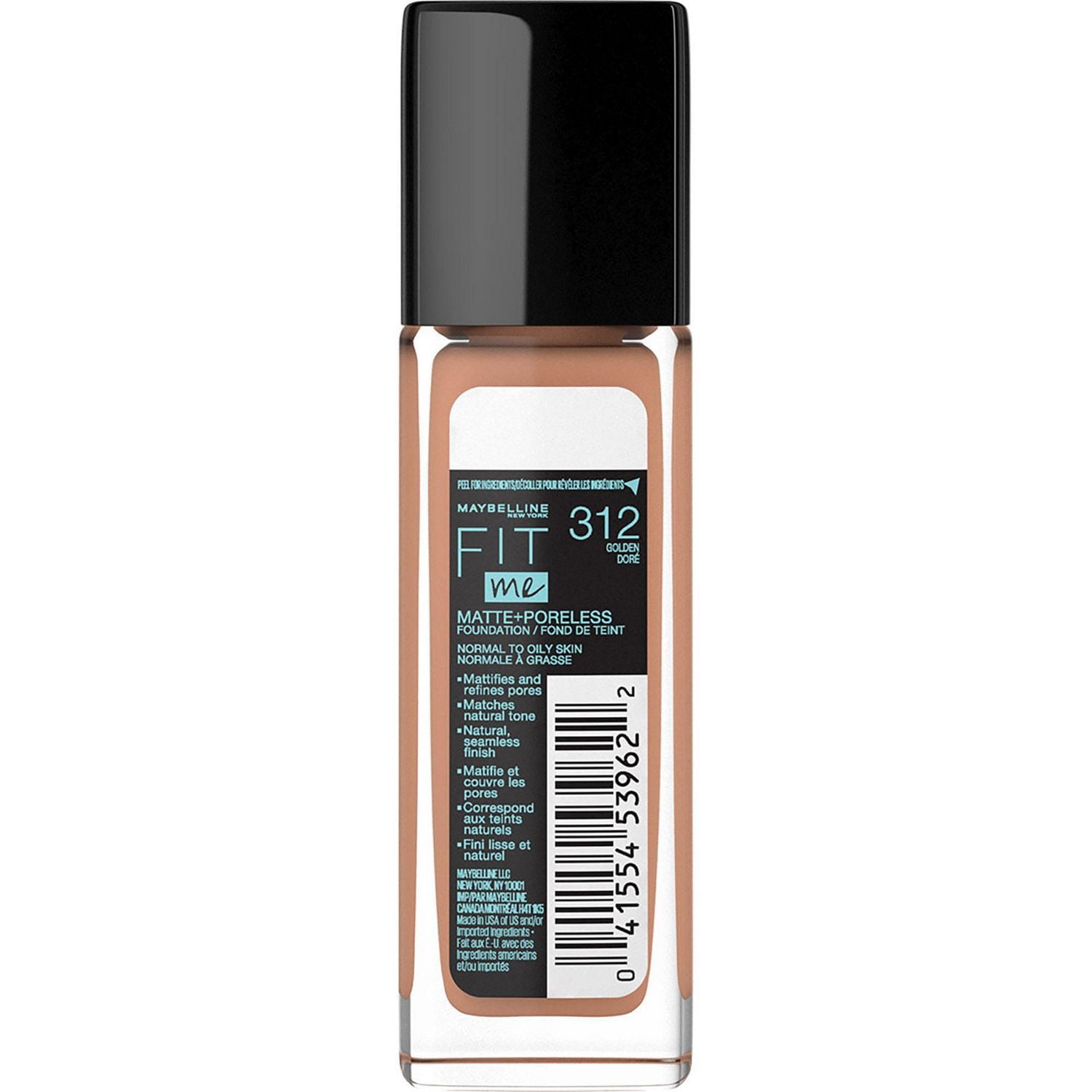 Fond de teint Fit Me Matte + Poreless Maybelline New York, Formule ultralégère qui contrôle la brillance, Pour peaux normales à grasses, 312 golden ,30 ml