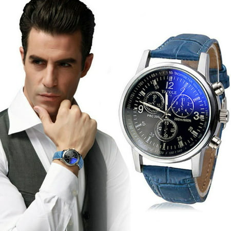 Outtop Mens Luxury Fashion Faux Leather Blue Ray Glass Quartz Analog Watches