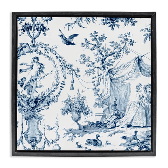Classic Toile Scene Black Framed Floater Canvas Wall Art, design by Vintage Hustle