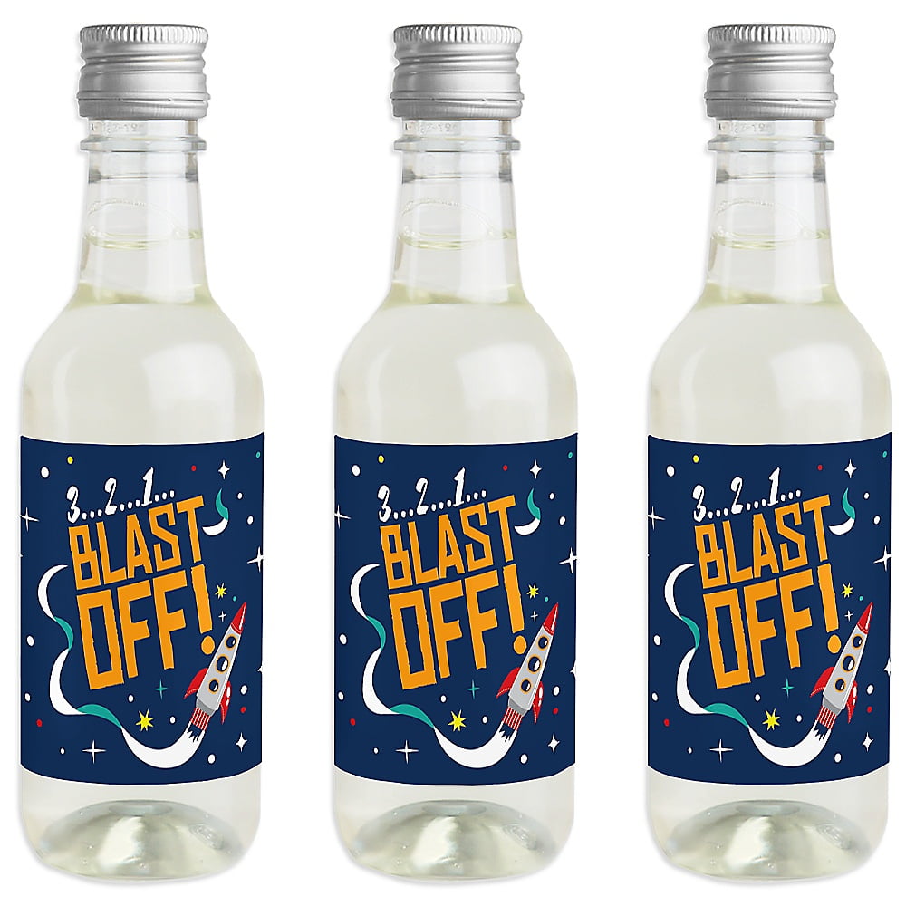 Blast Off to Outer Space - Mini Wine and Champagne Bottle Label Stickers - Rocket Ship Baby Shower or Birthday Party Favor Gift for Women and Men - Set of 16 