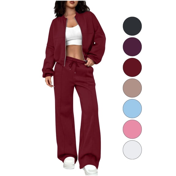 Women's 2 Piece Tracksuit Set Zip Up Crop Bomber Jacket and High Waisted Wide Leg Sweatpants Casual Lounge Wear Athletic Outfits with Drawstring