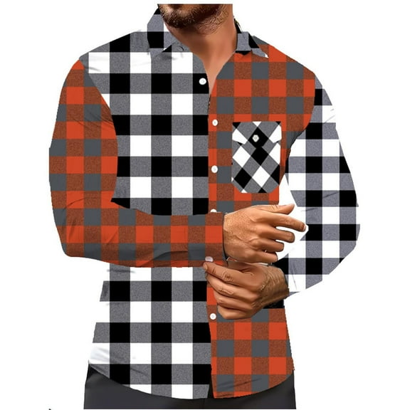 VgaVtl Collared Long Sleeve Shirts Men Checkered Mens Clothes Loose Soft Orange Button down Outdoors Casual Shirts,M