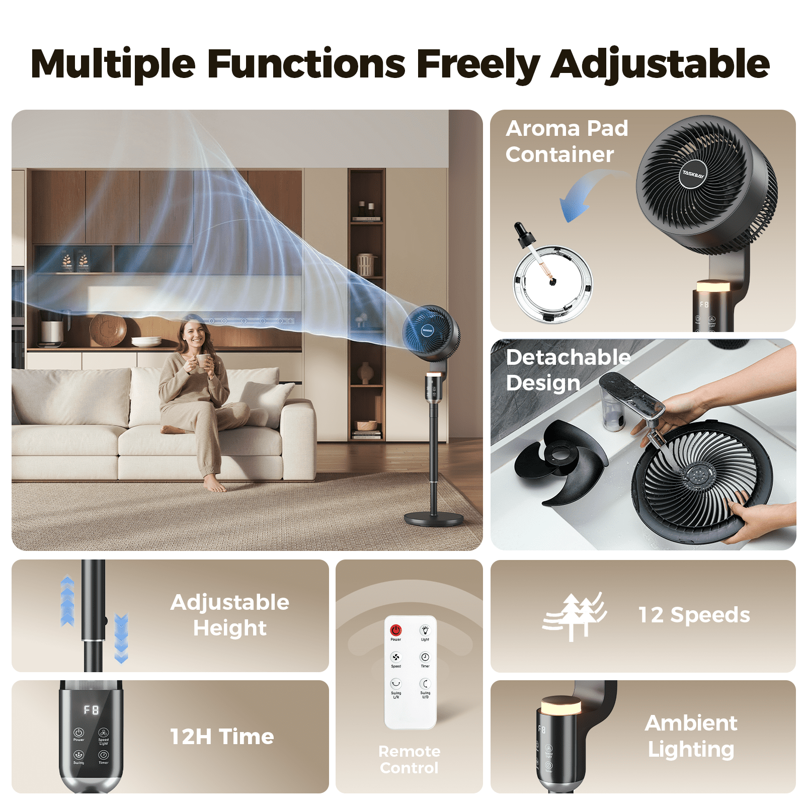 Pedestal Fan for Bedroom, Air Circulator Fans with Remote & RGB Light, 120° Horizontal + 90° Vertical Oscillating, 12 Speeds, 12H Timer, for Home