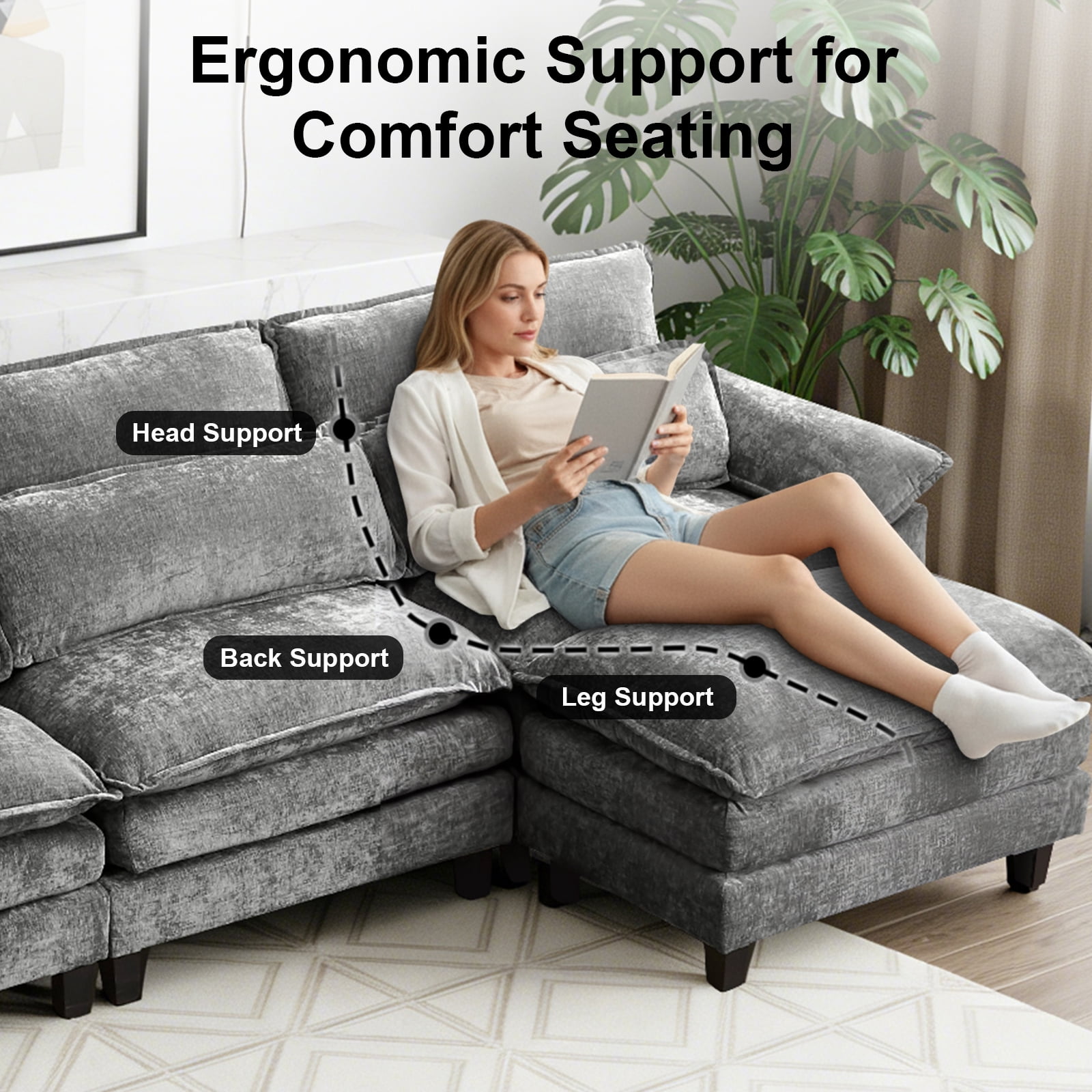 Howcool 148" Modular Sectional Sofa , 4 Seater L-Shaped Cloud Couch with Movable Ottoman, USB Charging Ports & Side Pockets, Sectional couchs for Living Room,Chenille Fabric,Grey