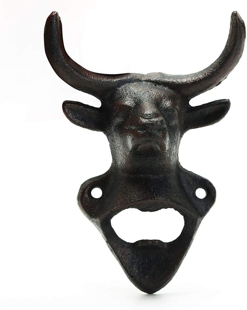 Great Item for Bar Kitchen or Patio Heavy Duty Wall Beer Bottle Opener Sungmor Cast Iron Bottle Opener 5.6 Inch Bull Head Wall Mount Bottle Cap Openers Vintage Rustic Style Wall Decoration