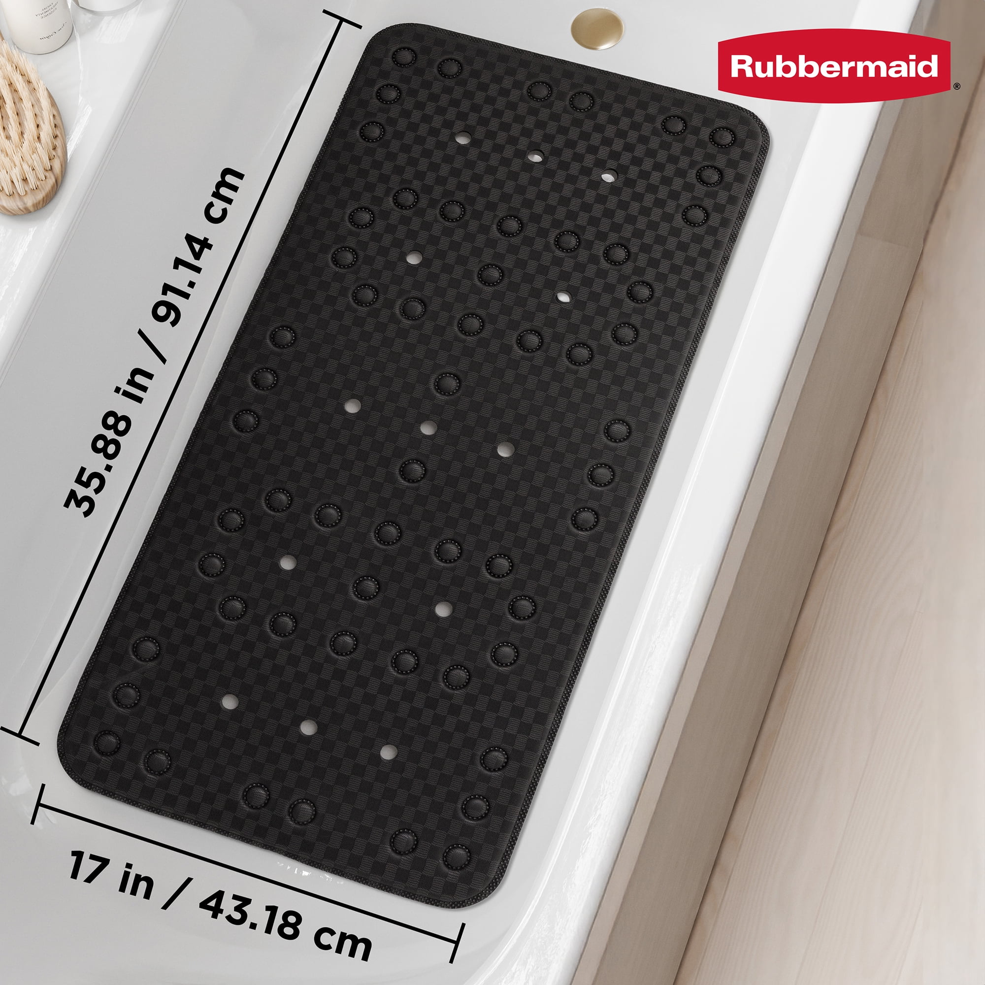 Rubbermaid Soft Foam Tub Mat, Non-Slip Bath Mat with Quick-Drain Holes, BPA-Free TPE, 35.88" x 17", Black