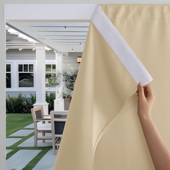 No-Rod Windproof Outdoor Curtains for Patio Waterproof with Adhesive Tape & Back Tab Bottom, Sun Blocking Privacy Curtains for Gazebo Porch Pergola, Biscotti Beige, W 52 x L 84, 2 Panels