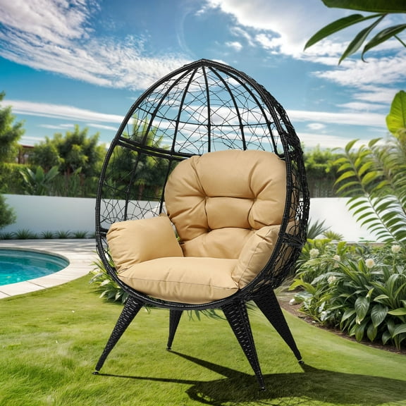 Uforic Egg Chair Wicker Outdoor Indoor Oversized Large Lounger with Stand Cushion Egg Basket Chair 350lbs Capacity for Patio, Garden Backyard Balcony, Beige