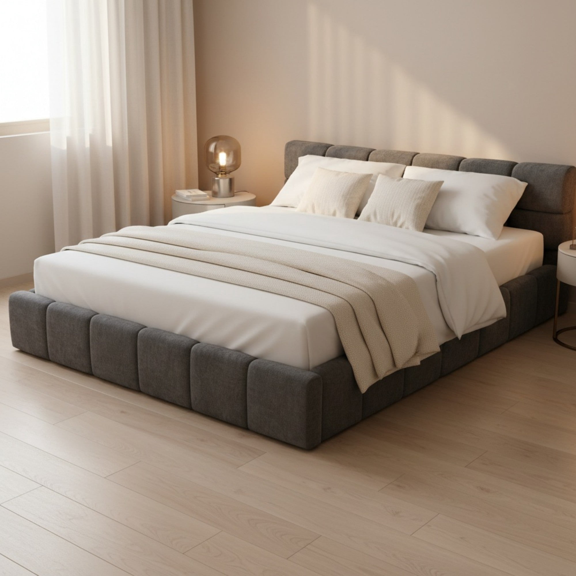 Sailvan Queen Chenille Upholstered Bed Frame,Modern Checkerboard Pattern Headboard,Soft Grey Fabric Platform Bed