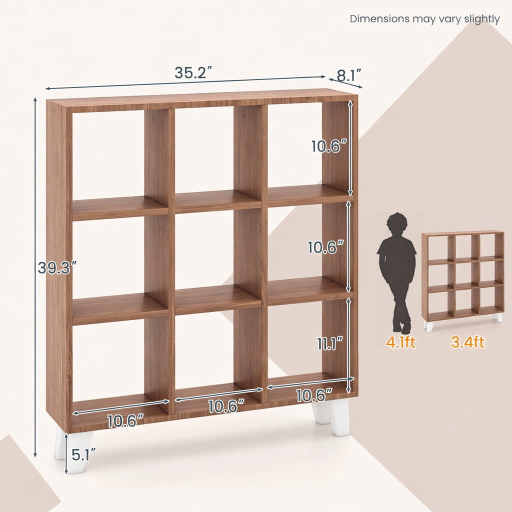 Barara King Book Shelf, Bookshelves,9-Cube Bookcase with 6 Removable Shelves and Raised Support Feet-Brown