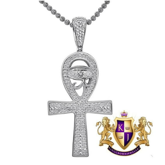 Genuine Diamond Horus Evil Eye Egyptian Ankh Cross Pendent Charm Chain Set 10K White Gold Finish
