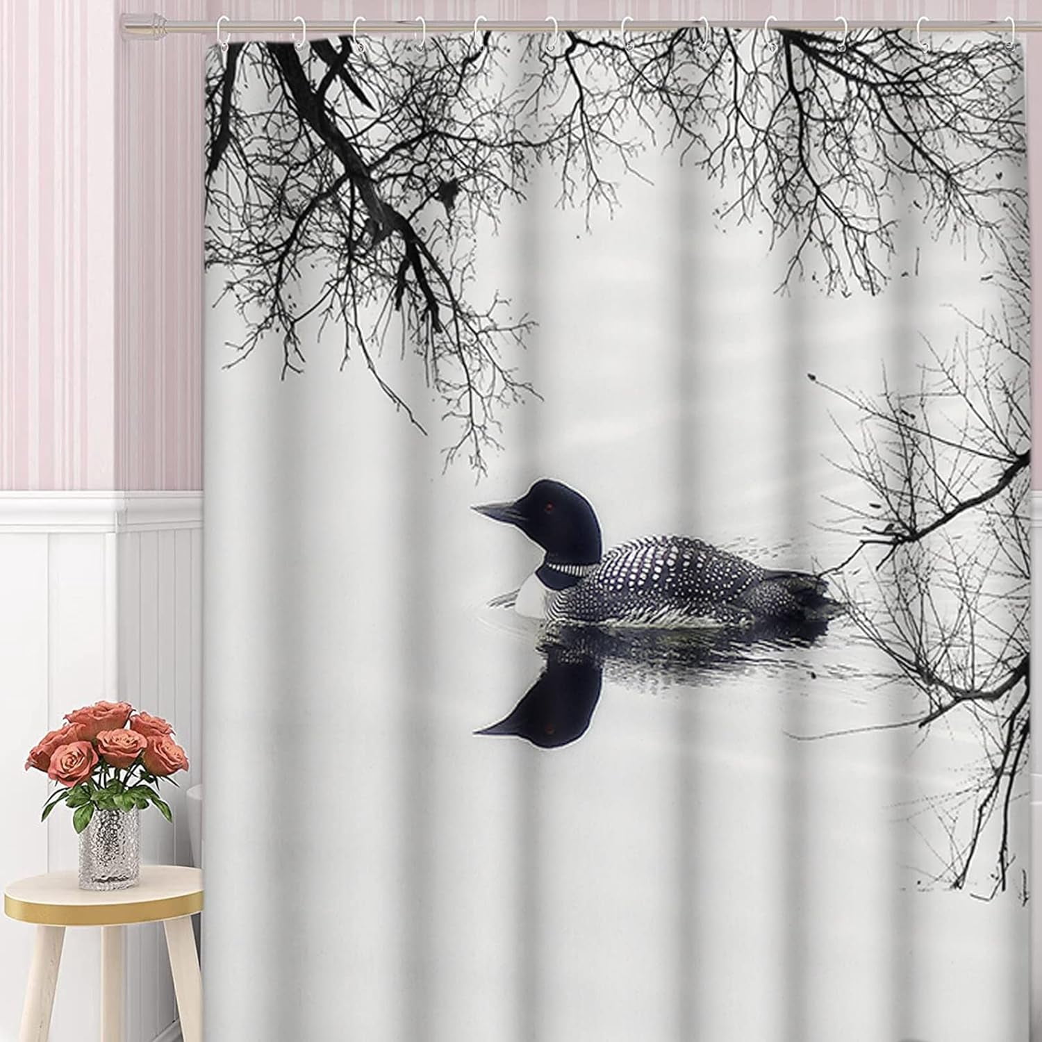Shower Curtain Water Black and White Loon Lake Cottage Bird 72"x72" Home Decor Waterproof Bath Bathroom Curtain Set with Hooks