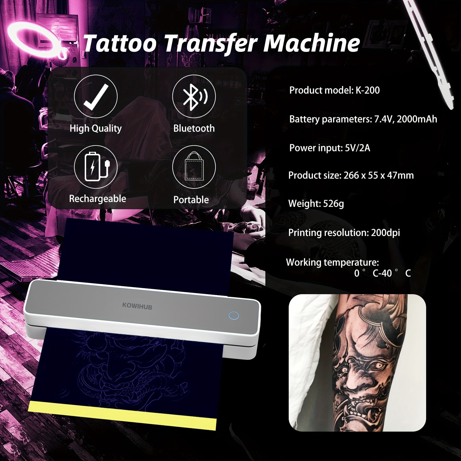 K200 Wireless Thermal Tattoo Printer Tattoo Transfer Printer Mini Portable Thermal Tattoo Stencil Printer with 10pcs Tattoo Transfer Paper 10pcs A4 Paper