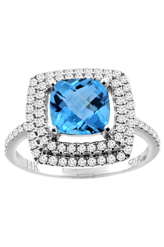14K White Gold Natural Swiss Blue Topaz Ring Cushion Cut 7x7 mm Double Halo Diamond Accents, size 6