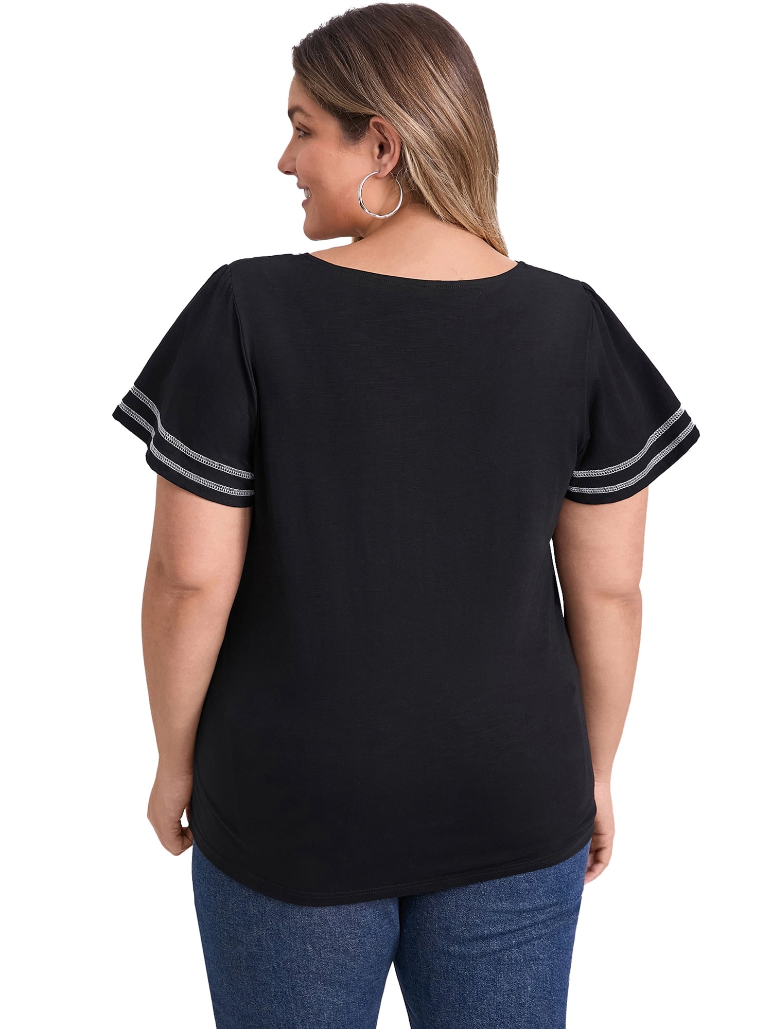 DARING DIVA Women's Plus Striped T Shirts Loose Fit Color Block Blouses 2X Black