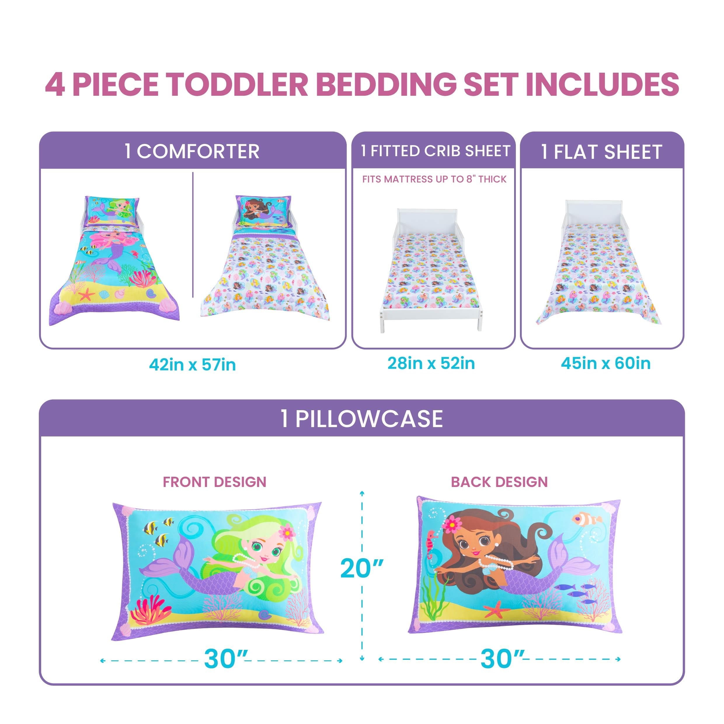 Todays Kids Mermaids Toddler Bedding Set for Girls - 4-Piece Toddler Bed Sheets and Comforter Set, Reversible Comforter & Pillowcase, Flat Sheet, Fitted Sheet, Breathable & Super Soft Microfiber