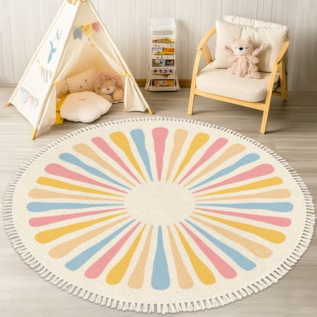 Washable Non Slip 4ft Round Rug Boho Inspirational Posters Positive Affirmations Growth Mindset Modern Circle Area Rugs with Tassels Carpet for Nursery Bedroom Living Room Playroom Tent Rug