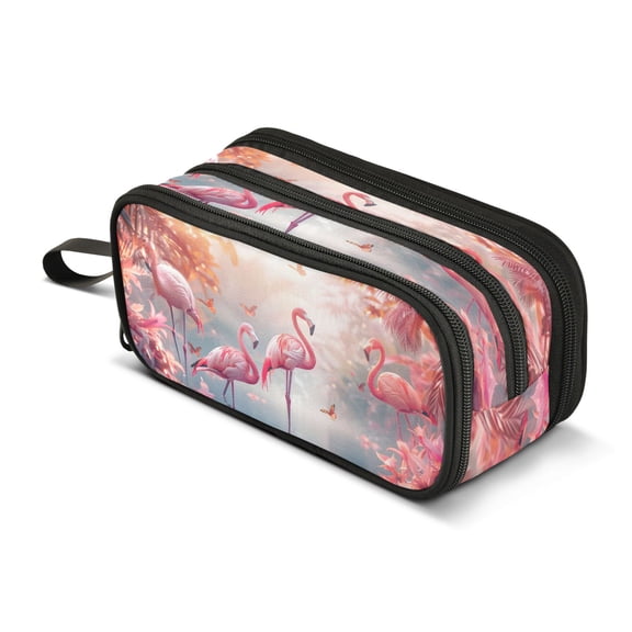 ALAZA Cartoon Flamingos Tropical Trees Pencil Case Bag 3 Compartment Pen Pouch Large Storage Holder Box Organizer