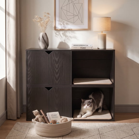 35.83" Cat Litter Box Enclosure Hidden Furniture (Scratch Pad Included), Modern Black Cat House with Corrugated Cardboard Scratching Pad