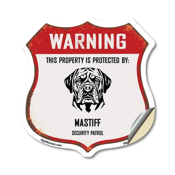 Warning This Property is Protected by Mastiff (2 Pack) 12 inch X 12 inch Shield Shaped Heavy Duty 3.2 mil Vinyl Decals Weather Resistant Made in the USA