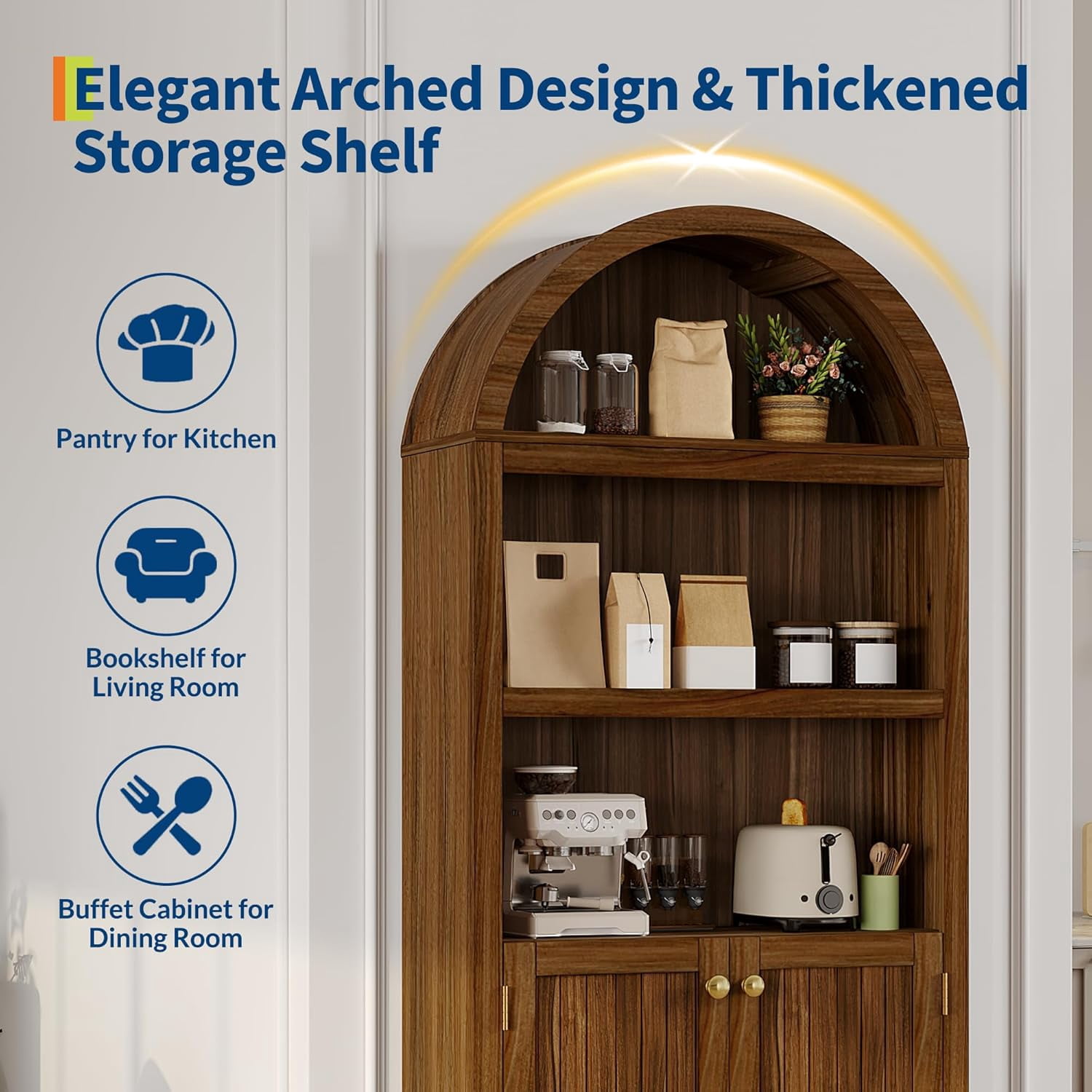 72" Tall Arched Pantry Cabinet with Doors, 5-Tier Kitchen Pantry Cabinet with Adjustable Shelf & Gold Handles, Wood Storage Cabinet for Dining Room, Kitchen, Living Room, Walnut