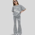 thumbnail image 2 of 2 Piece Teen Girls Summer Outfits Kids Heart Applique Baggy Short Sleeve T-Shirts Flare Pants Trendy Clothes Sets Girl Clothes Graphic, 2 of 4