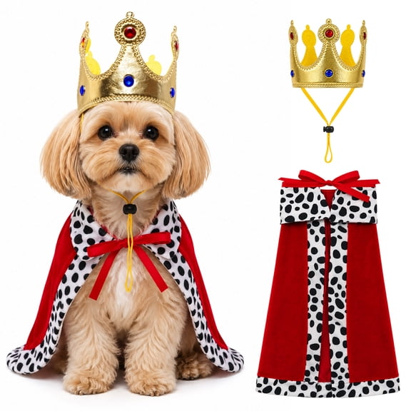 Dog King Costume with Cape And Crown, 2-Piece Halloween Pet Outfit for Small Dogs, Red, Size S