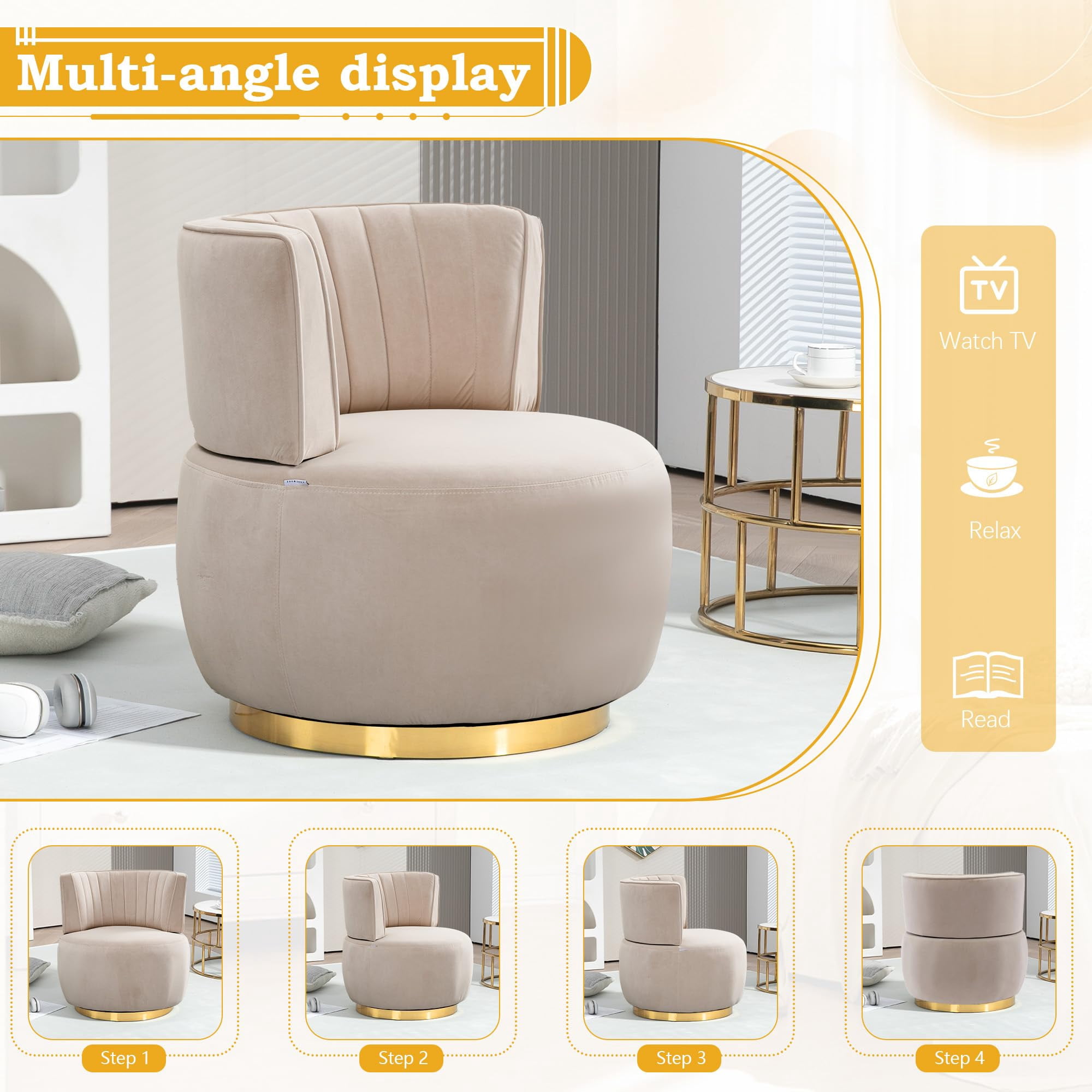 Aukfa 360-Degree Swivel Barrel Chair, Modern Velvet Round Accent Chair for Nursery and Living Room, Beige