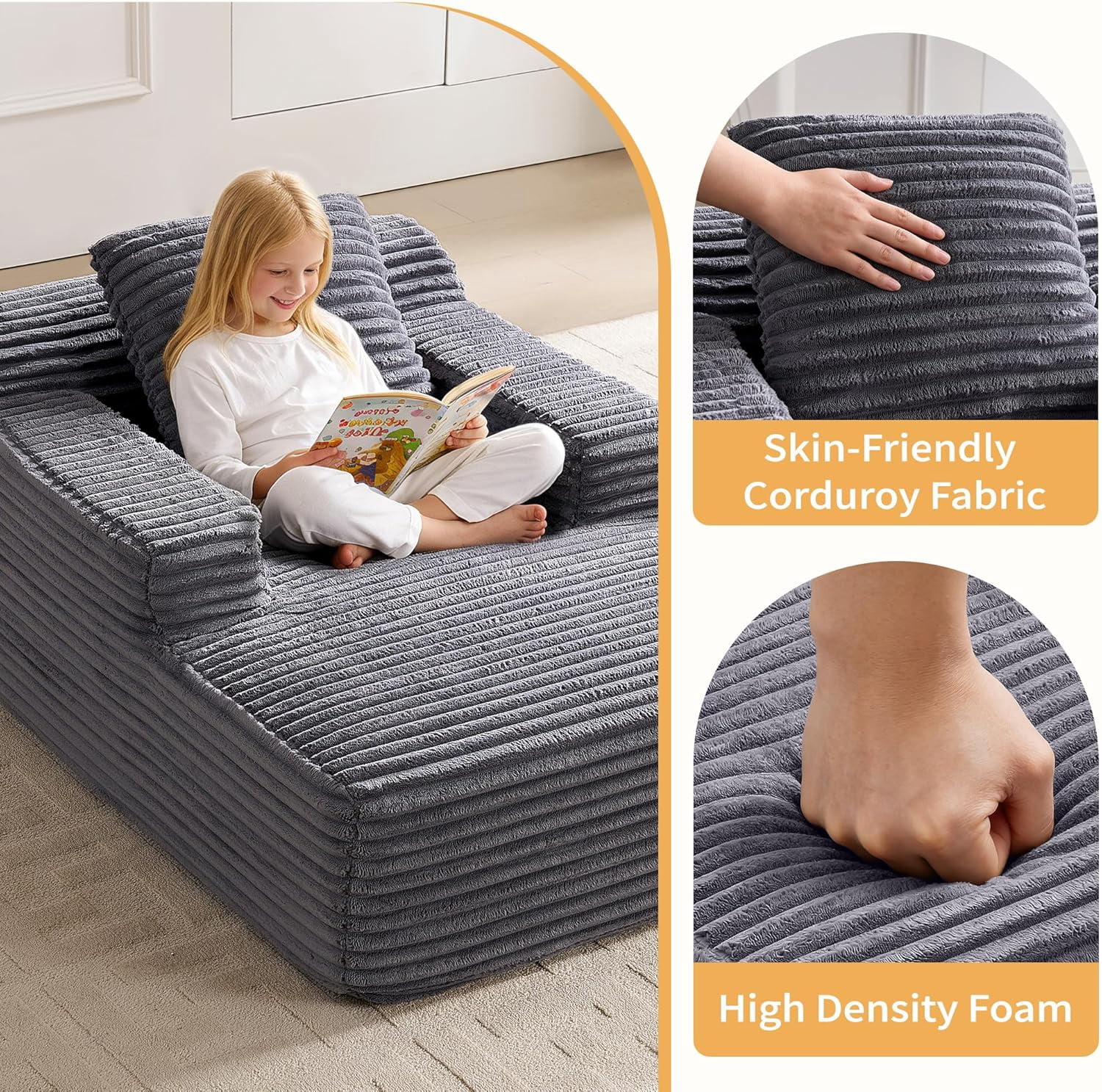 Akaber 31″W Sleeper Couch, Chaise Lounge Chair Indoor, Soft Corduroy Boneless Reading Chairs for Living Room, Bedroom, Movie Room (Grey, Small)