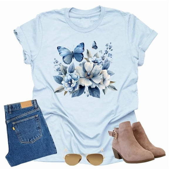 Dusty Rose T Shirt Cute Flower Graphic Loose Tees Crew Neck Short Sleeve Casual Tops (Light Blue-3X-Large)