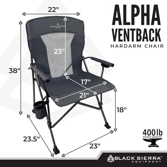 Black Sierra Camping Chair – Folding Portable Lawn & Beach Chair with Padded Hard Armrest, Mesh Vented Back, Spacious, Cup Holder, Carry Bag – Supports 300 lbs for Sports