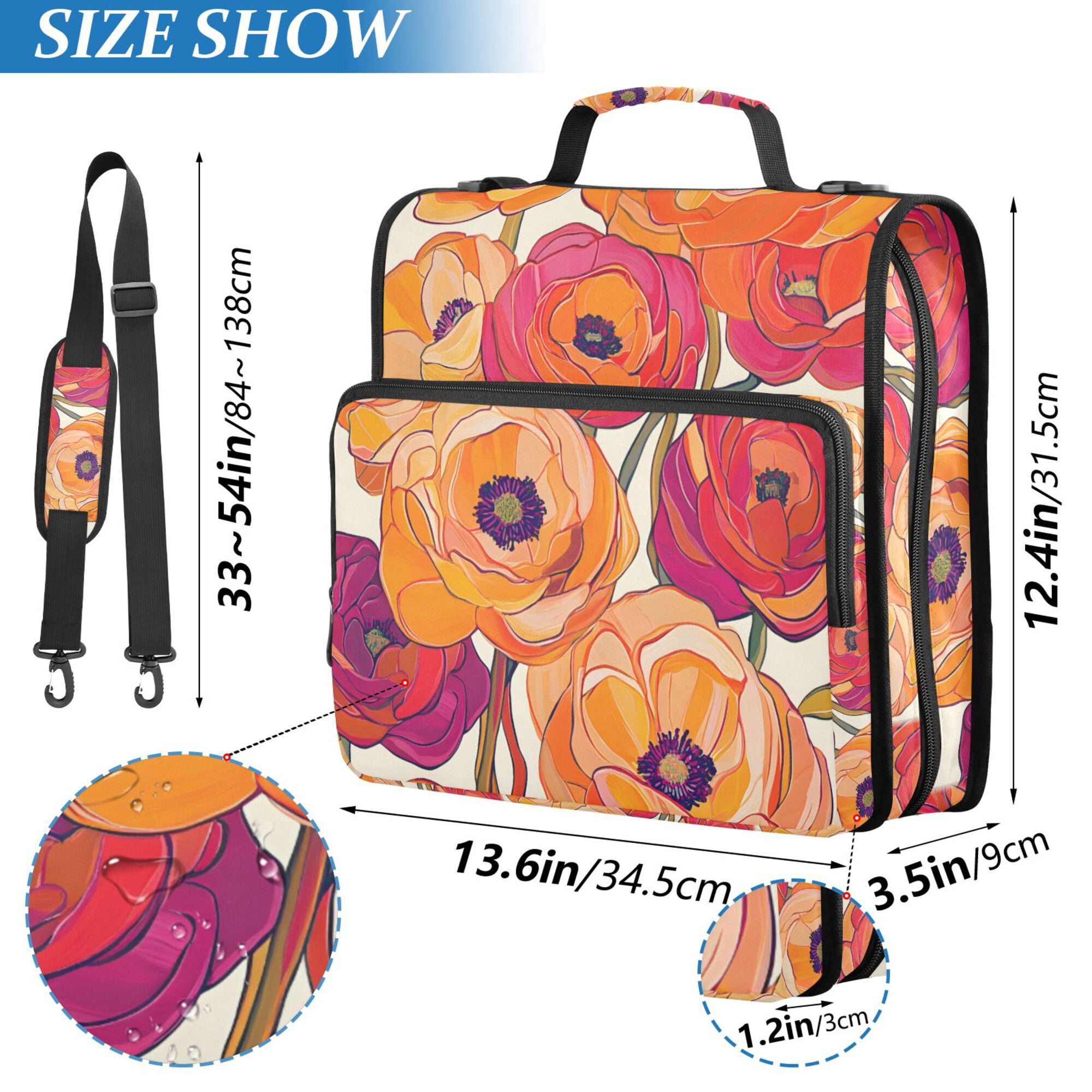 FORMRS Zipper Binder with Shoulder Strap 2-inch Ring 500 Sheet Capacity File Bag, Orange Hand Drawn Floral