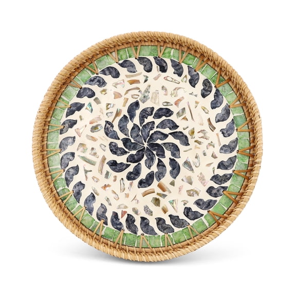 11.8" Decorative Round Rattan Tray with Mother of Pearl, Hand-Woven Wicker Serving Tray , Boho Rattan Basket Platter for Fruit Bread Coffee Counter Dessert Kitchen