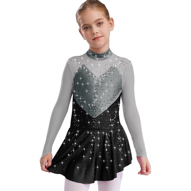 YONGHS Robe de Danse Patinage Artistique pour Filles Enfants avec Strass Ballet Lyrique Performance Gris&Noir 6