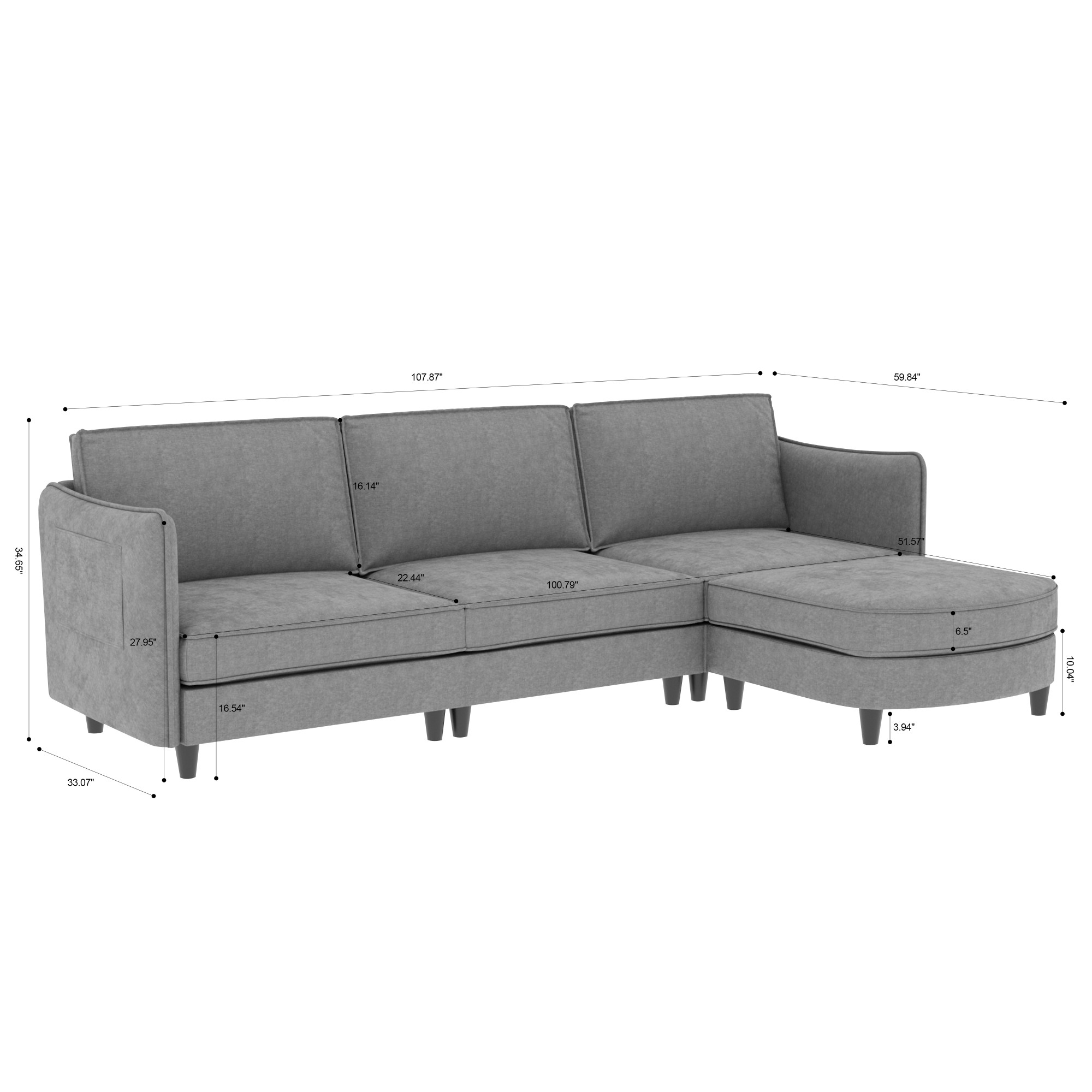 108" L-Shaped Sectional Sofa Couch, Modern Fabric 3 Seat Sofa Couch with Movable Ottoman&Pockets for Living Room, Apartment,Grey