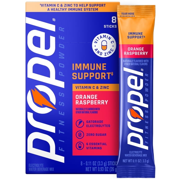 Propel Immune Support Zero Sugar Orange Raspberry, On The Go Packs, Electrolyte Powder Drink Mix, 0.11 oz, 8 Count Packets