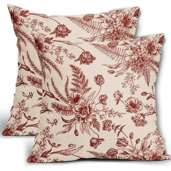 Dark Red Cream Flowers Pillow Covers 18x18 Inch 2 Packs Fall Morden Floral Throw Pillows Vintage Autumn Flowers Decorative Cushion Cover for Patio Furniture Sofa Bedroom Indoor/Outdoor Party