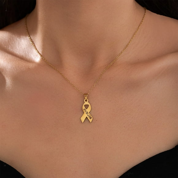 Collar Elegante con Colgante de Mariposas y Lazo para El Día Mundial Del Cuidado de La Mujer | Aleación de Oro | Pendientes de Diseño con Forma de Corazón y Lazo para La Concientización Sobre El Cánc