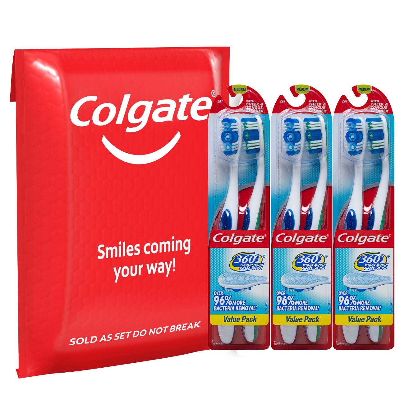 Colgate 360 Manual Toothbrush with Tongue and Cheek Cleaner, Medium, 6