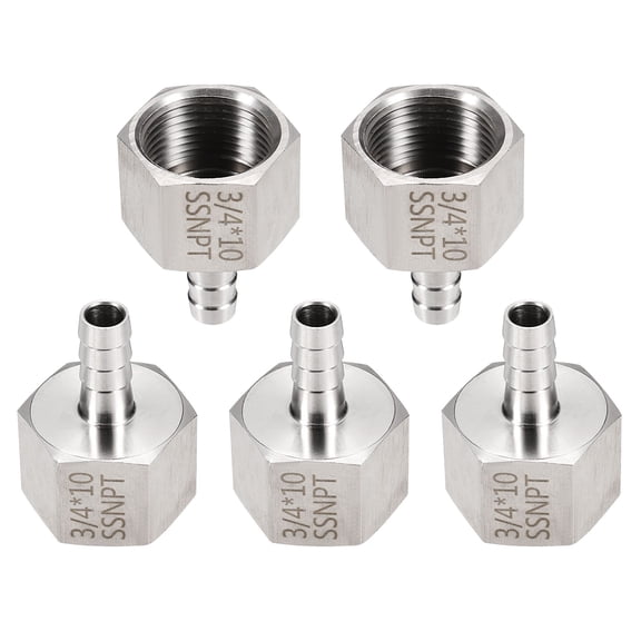 Uxcell 5pcs Stainless Steel Barbed Fitting 3/4" NPT Female to 1/2" Hose ID for Home Brew Pipe Fitting Direct Thread Connector Durable Construction