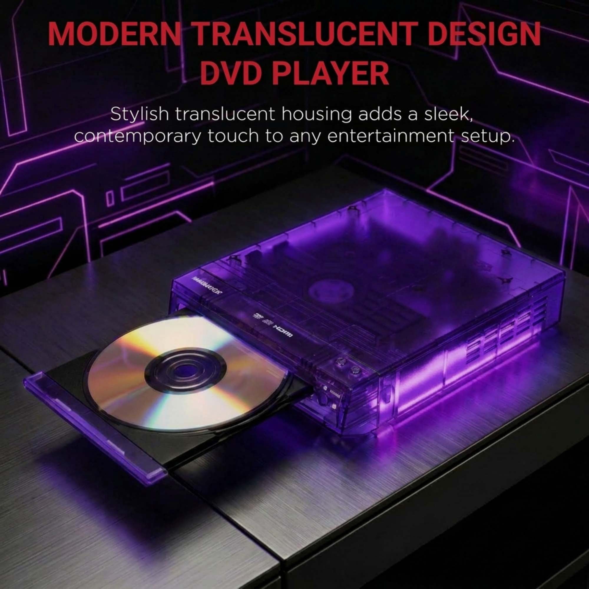 Magnavox Translucent DVD Player with HDMI Cable, Multi-Format DVD CD MP3 Player, HDMI Output, Remote Control, PAL/NTSC Compatible, 2 Channel Audio, Universal Power 100–240V, Purple