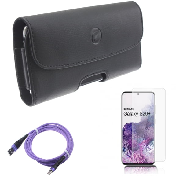 10ft USB Cable w Screen Protector w Case Belt Clip for Samsung Galaxy S20 Plus - Purple Type-C Charger Cord, Tempered Glass [Fingerprint Unlock] 3D Curved Edge, Leather Holster fits Galaxy S20 Plus