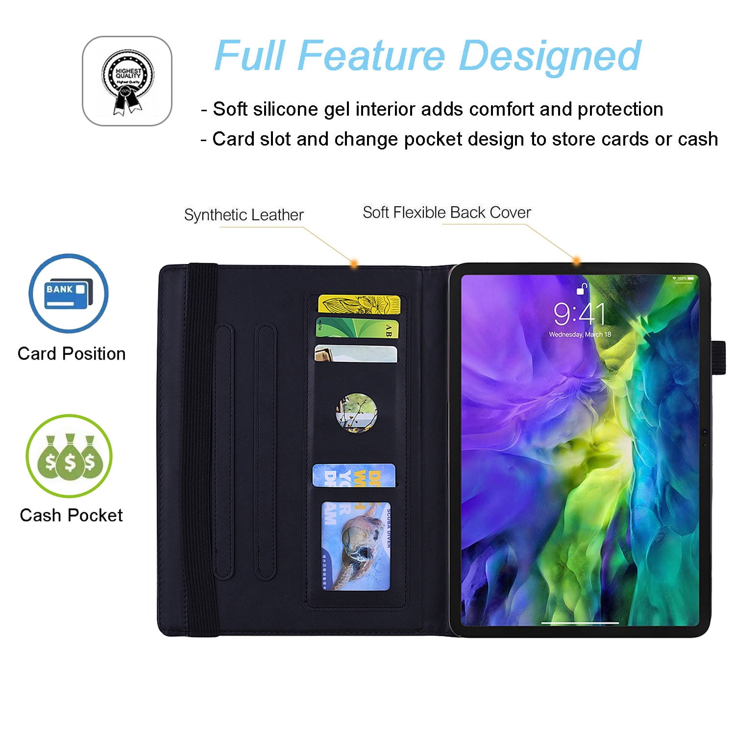 Tarise for Apple iPad 10th Generation Case with Pencil Holder, 2022 iPad 10.9 Inch Case, Embossed PU Leather Shockproof Folio Stand Shell Slim Cover Case for iPad A2757 A2777, Black