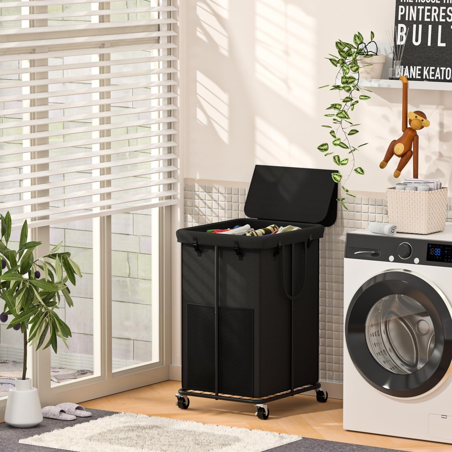 YKDIRECT 150L Large Laundry Hampers with Lid, Oxford Fabric Laundry Basket, Metal Frame and Removable Bag Design with Wheels, Suitable for Bedroom, Bathroom, Dorm Room, Laundry Room - Black