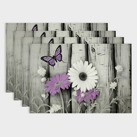 

Shiartex Flowers Butterfly Black White Linen Table Mats Set of 4 - Ideal for Birthday Parties Restaurants & Buffets - Home Decoration Accessories 18x12in