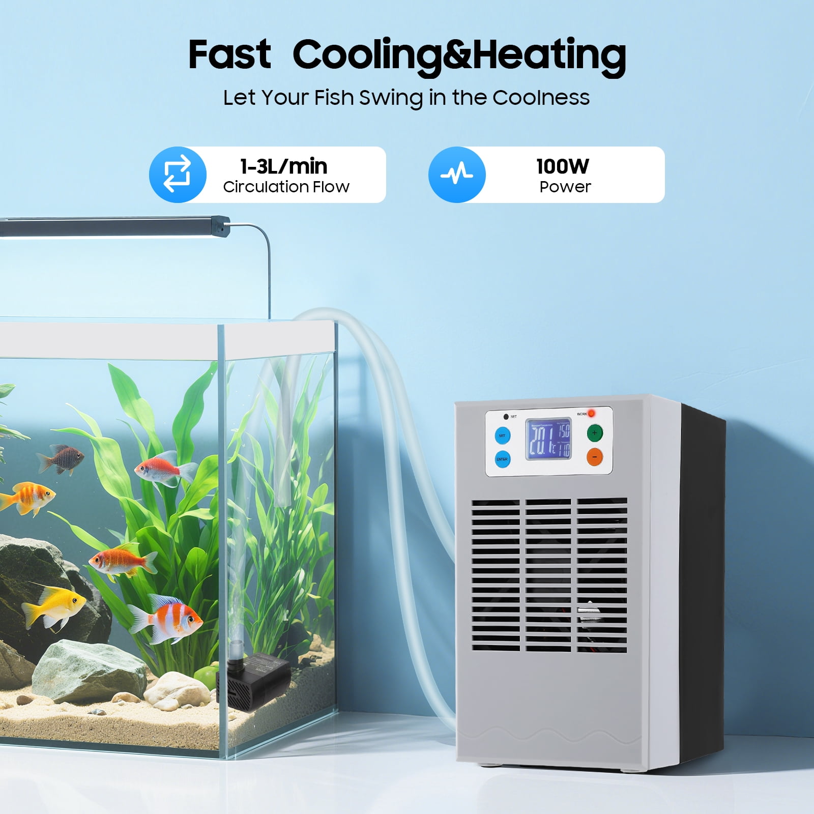 Aquarium Water Chiller 100W with Digital Control & Pump, Compact 30L Cooling Capacity for Freshwater & Saltwater Tanks – Low Noise 35dB