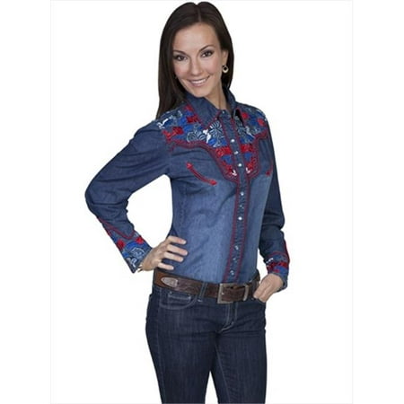 Scully PL-654C-DEN-XS Womens Embroidered Yoke Long Sleeve Western Show ...
