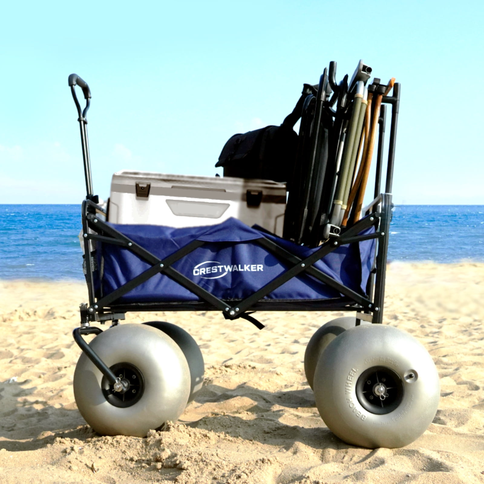 CRESTWALKER Beach Wagon with 13'' Balloon Tires and Chair Racks, Collapsible Cart with Big Wheels for Sand, Pump Included