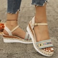 thumbnail image 4 of Rokment Womens Bohemian Ethnic Platform Wedge Sandals 2026 Beach Summer Woven Open Toe Ankle Strap Espadrilles Chunky Heeled Dressy Summer Shoes Light Blue Size 9.5, 4 of 7