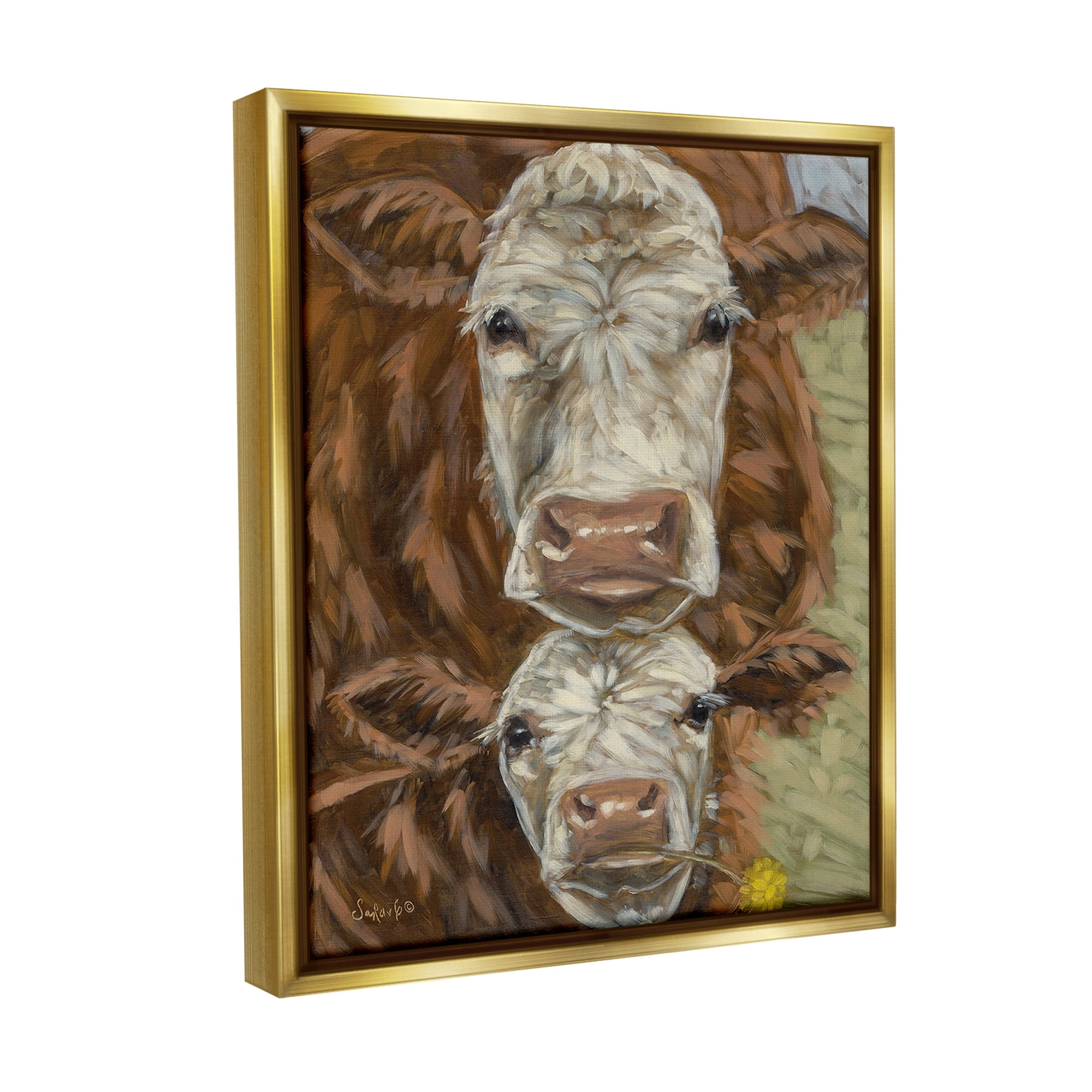 Stupell Industries Cattle and Calf Gazing Animals & Insects Painting Gold Floater Framed Canvas Art Print Wall Art, 17 x 21